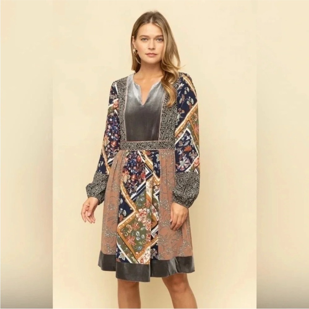 Mystree Boho Patchwork Gray Velvet Mini Dress Size Medium